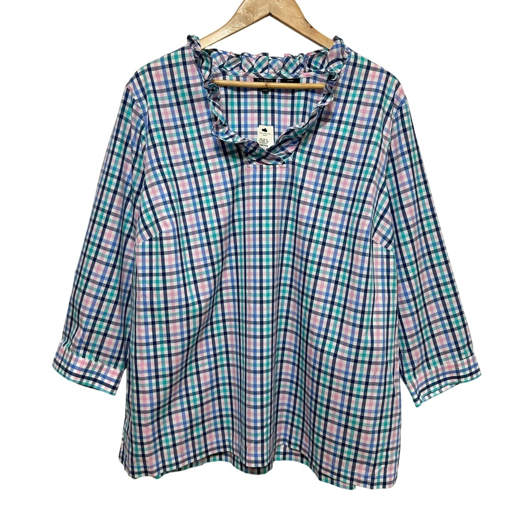 Talbots Plaid‎ Blouse Womens 20W Ruffle Neck Non-Iron Cotton Gingham Preppy NEW